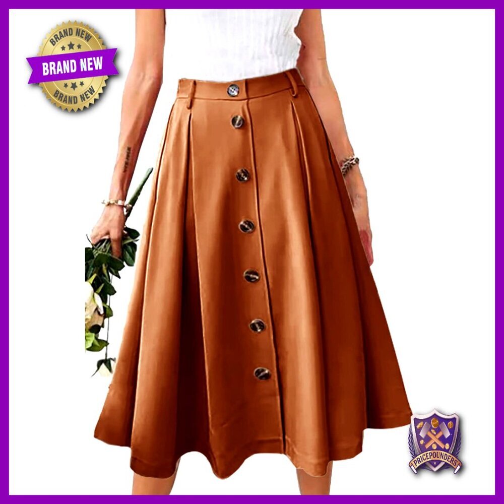 Pleated A-line Midi Skirt Elastic Waist Button Front Flared with Pocket